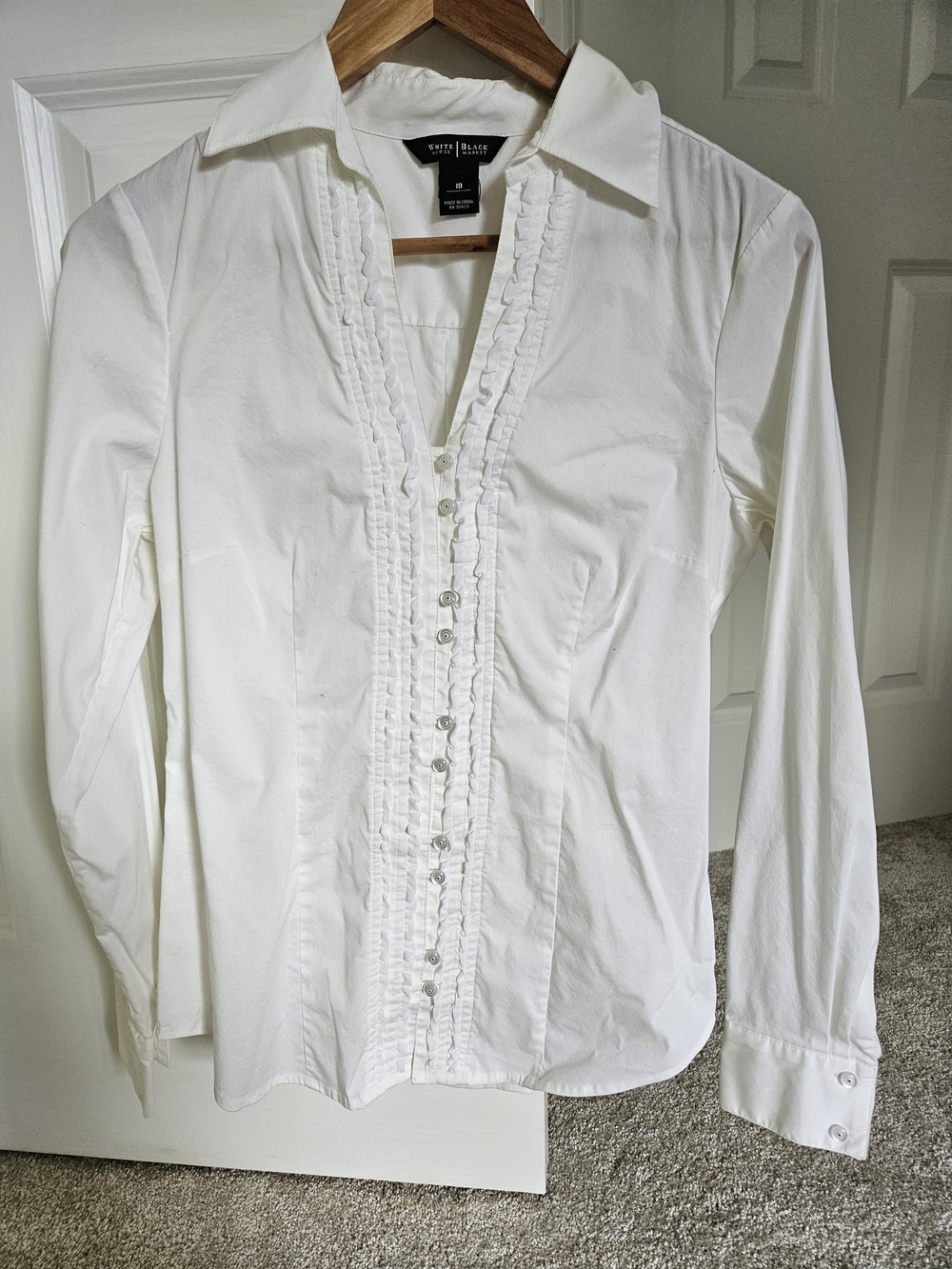White House Black Market White Ruffled Front Button-Down Shirt